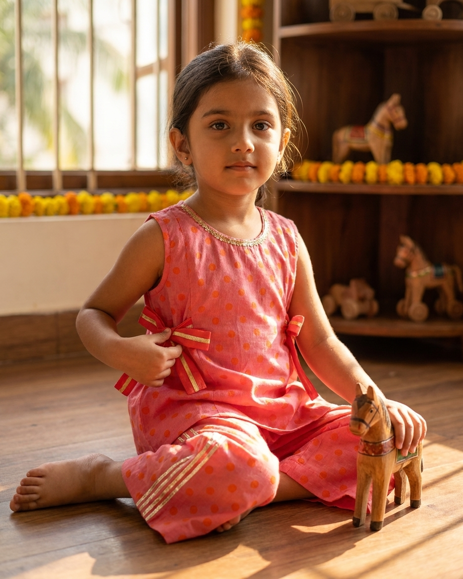 Peach Orange Polka Dot Cotton Kurti Palazzo Set