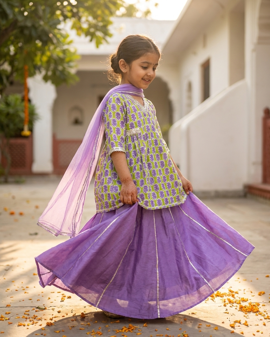 Green Purple Printed Cotton Sharara Set with Dupatta