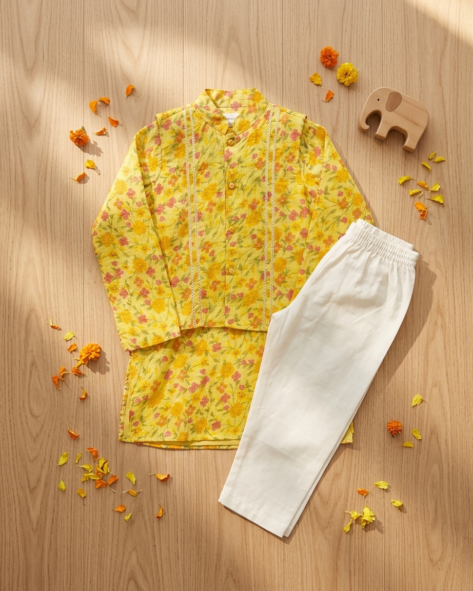 Yellow Floral Kota Doria Jacket Kurta Set