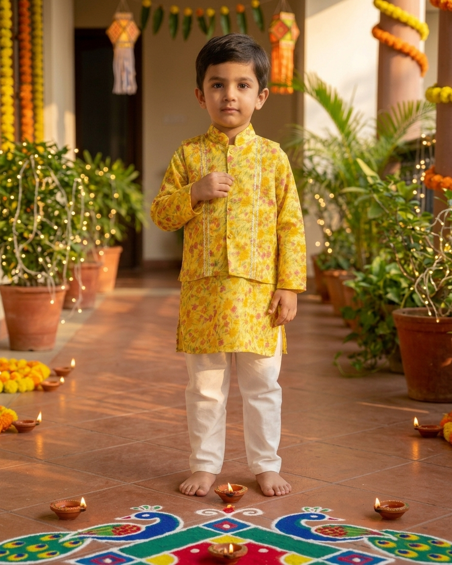 Yellow Floral Kota Doria Jacket Kurta Set