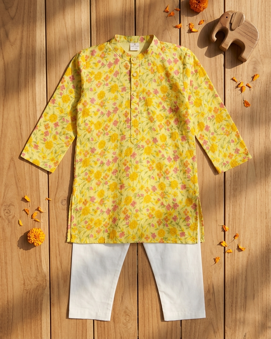 Yellow Floral Kota Doria Jacket Kurta Set