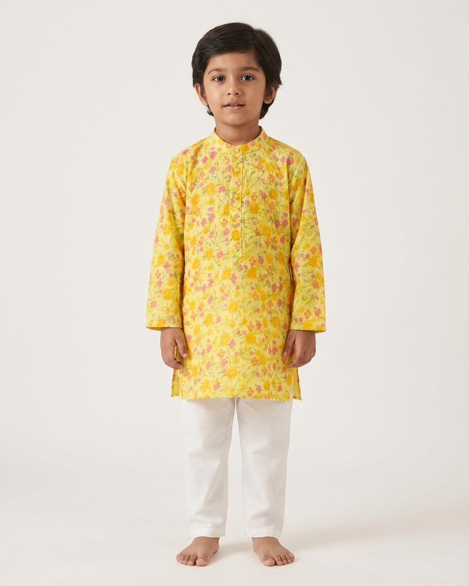 Yellow Floral Kota Doria Kurta Set