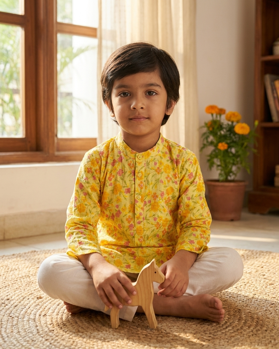 Yellow Floral Kota Doria Kurta Set