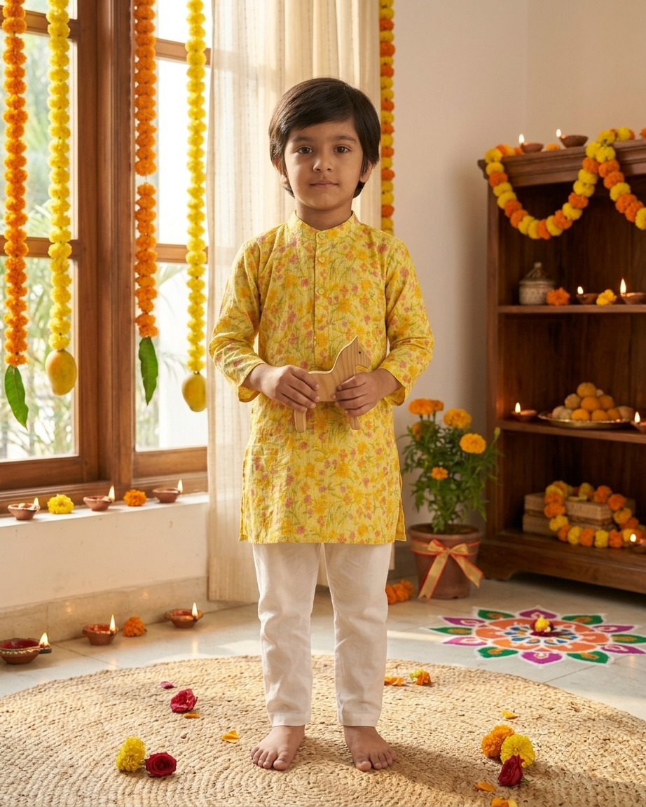 Yellow Floral Kota Doria Jacket Kurta Set