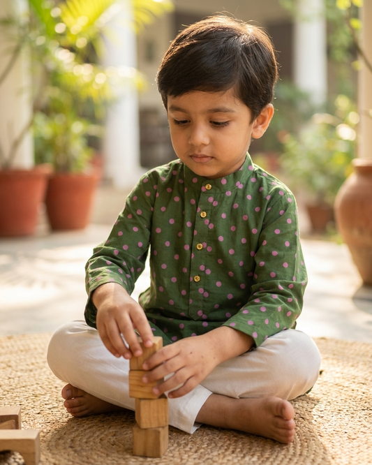 Green Pink Polka Dot Cotton Kurta Set with White Pyjama