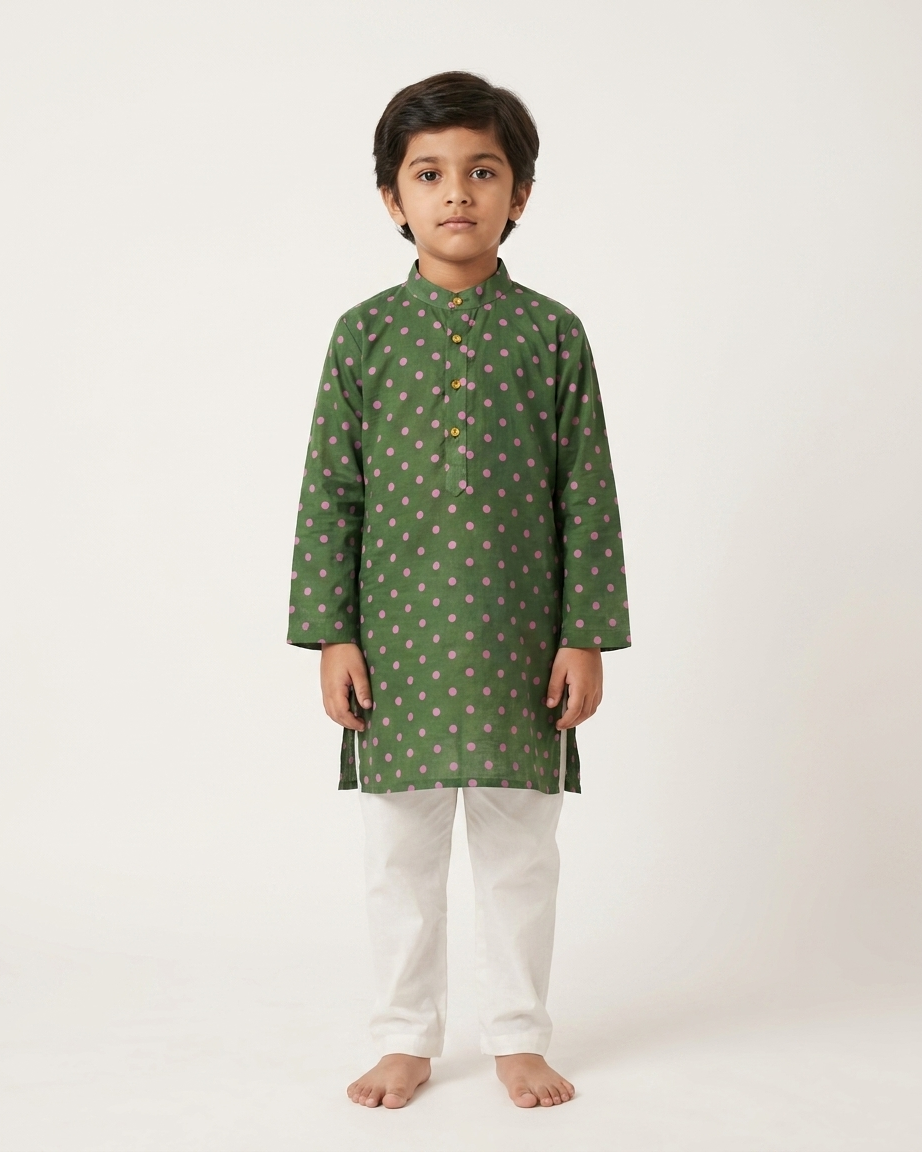 Green Pink Polka Dot Cotton Kurta Set with White Pyjama