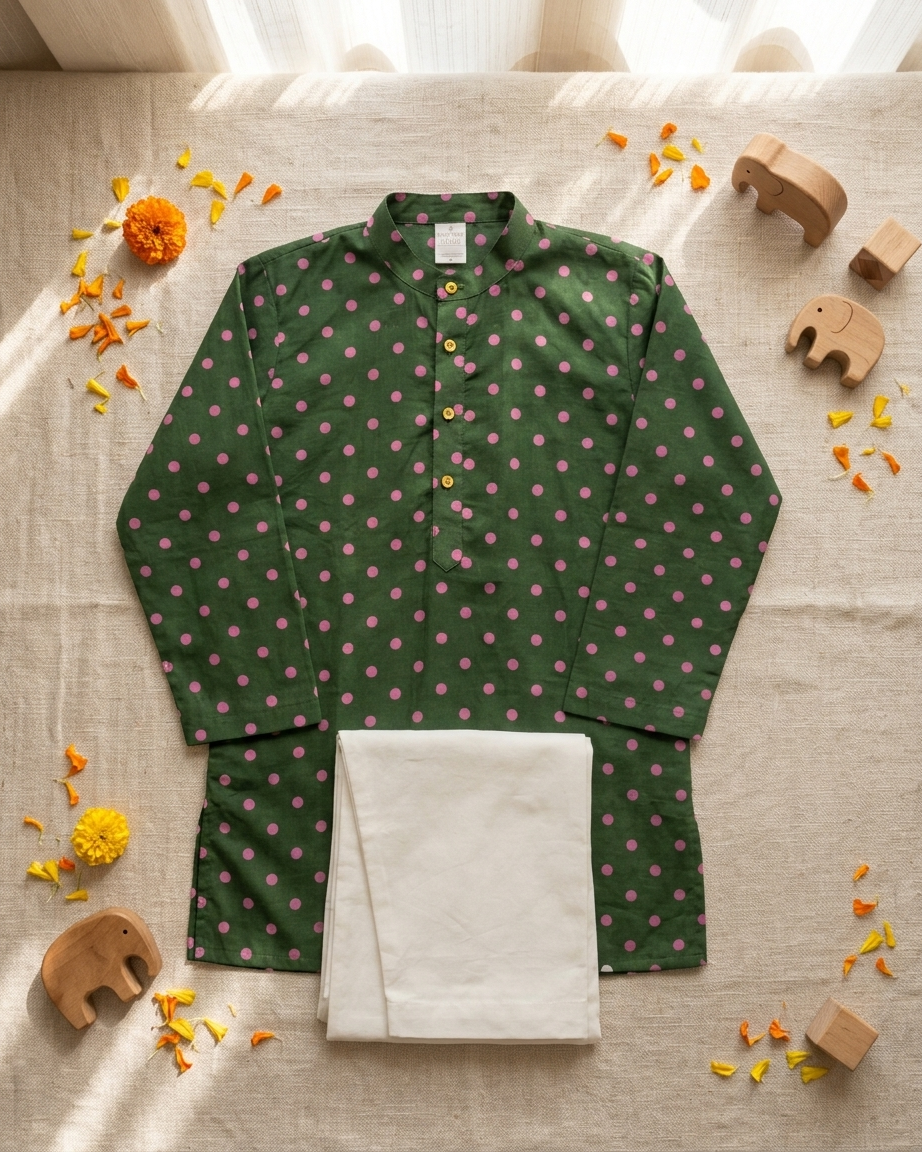 Green Pink Polka Dot Cotton Kurta Set with White Pyjama