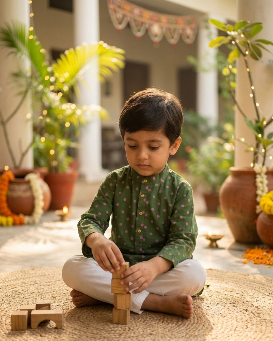 Green Pink Polka Dot Cotton Kurta Set with White Pyjama