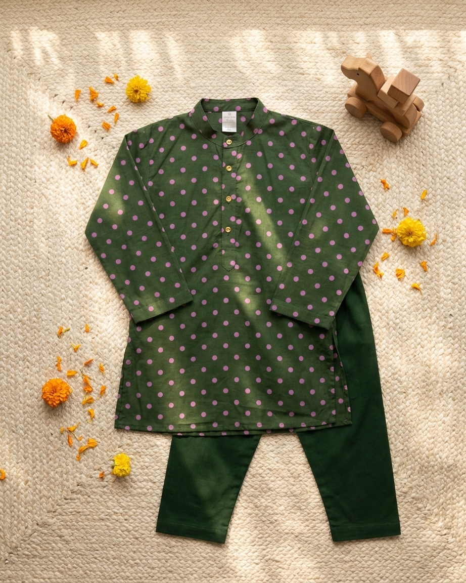Green Pink Polka Dot Cotton Kurta Pyjama Set