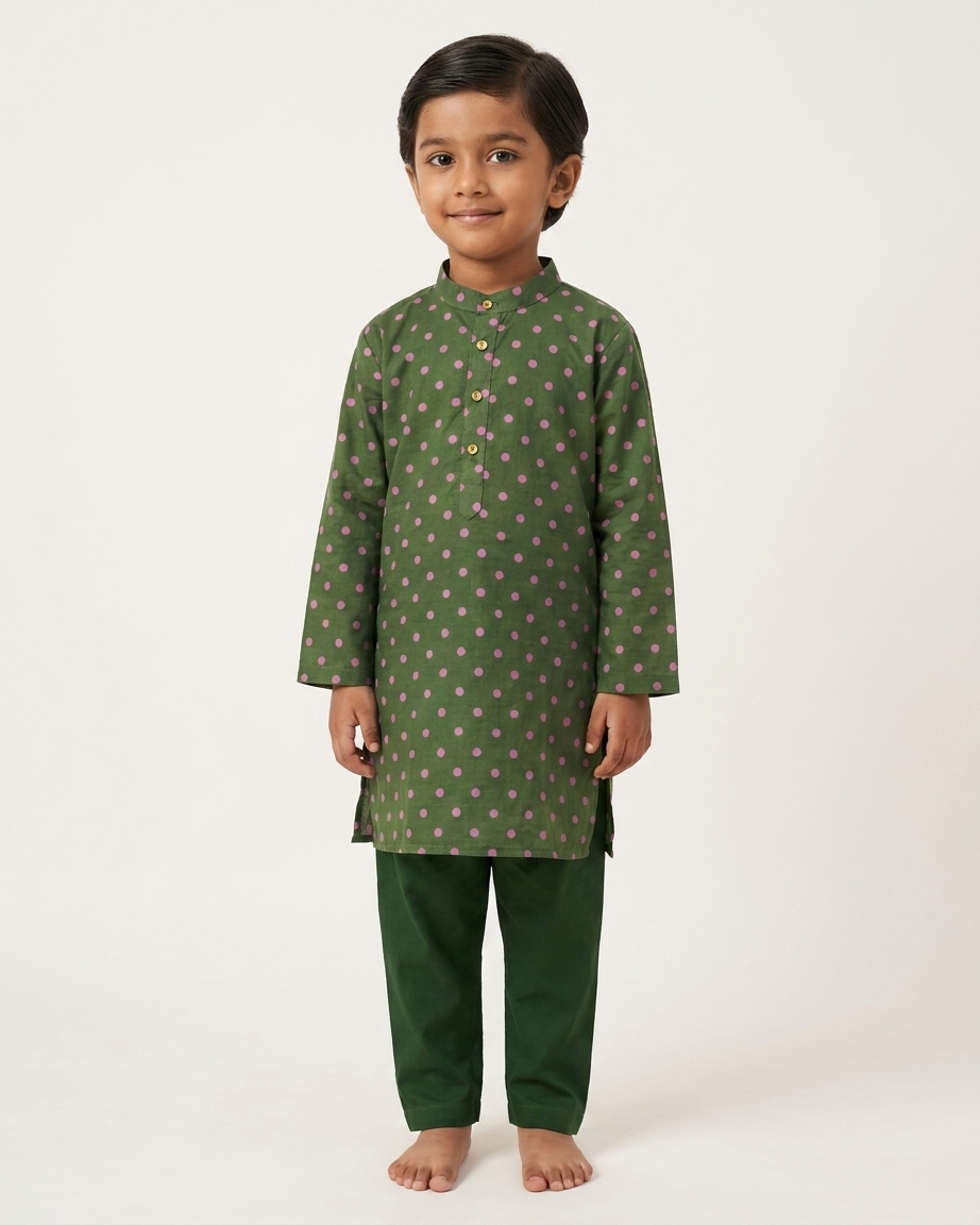 Green Pink Polka Dot Cotton Kurta Pyjama Set