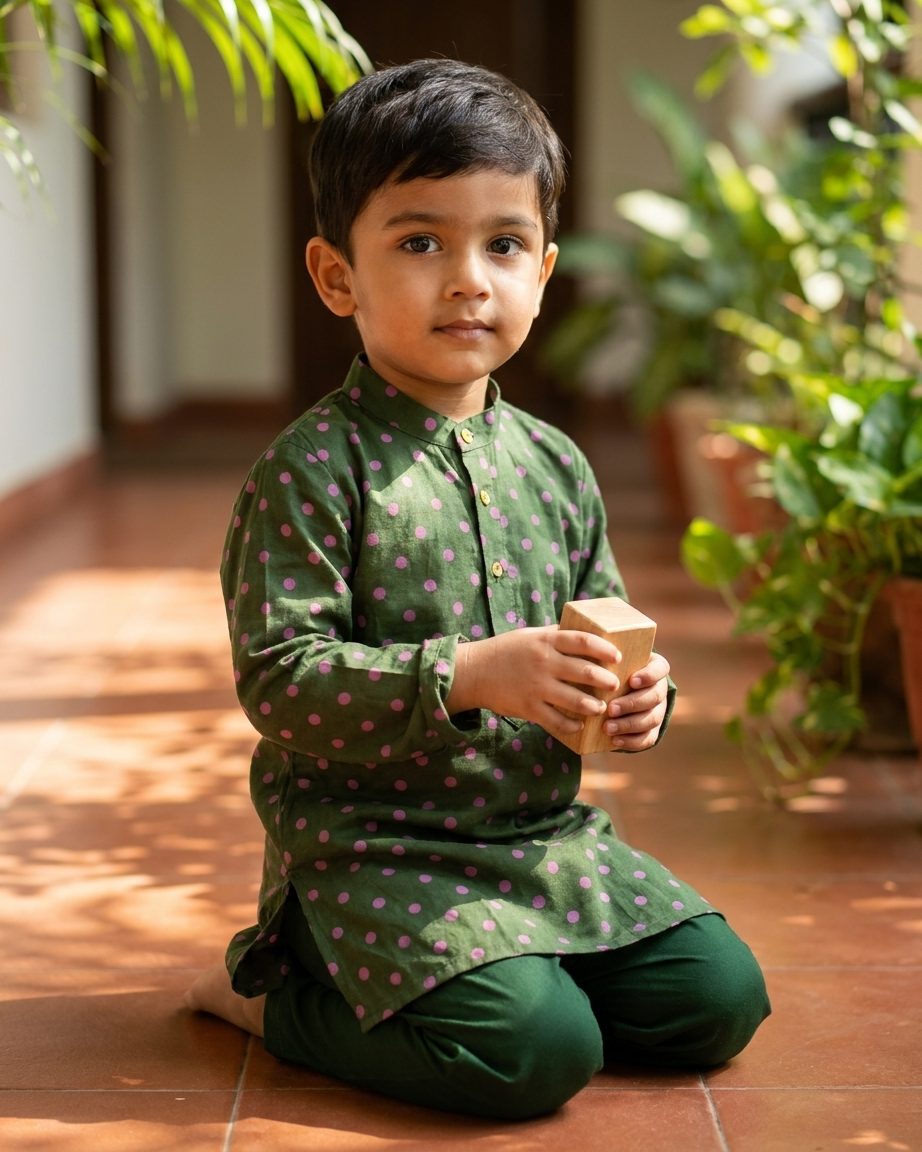 Green Pink Polka Dot Cotton Kurta Pyjama Set