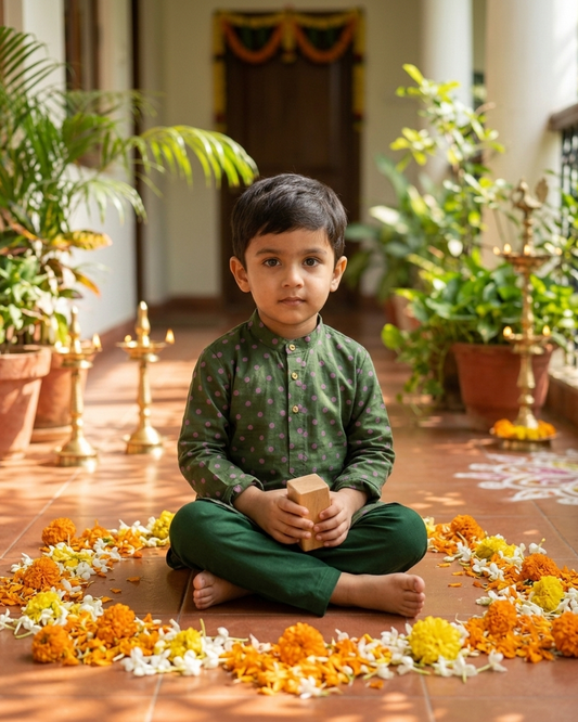 Green Pink Polka Dot Cotton Kurta Pyjama Set