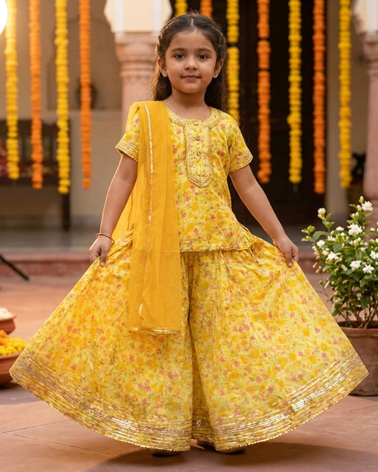 Yellow Floral Kota Doria Sharara Set with Dupatta