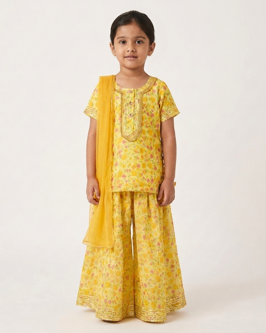 Yellow Floral Kota Doria Sharara Set with Dupatta