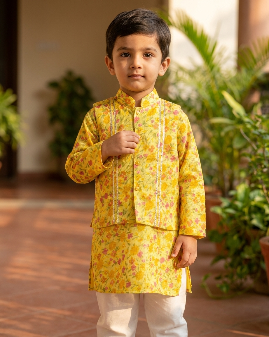 Yellow Floral Kota Doria Jacket Kurta Set