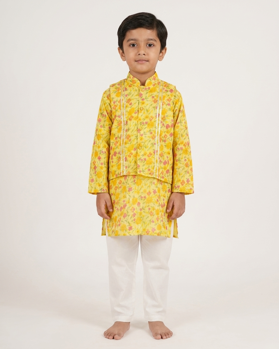 Yellow Floral Kota Doria Jacket Kurta Set