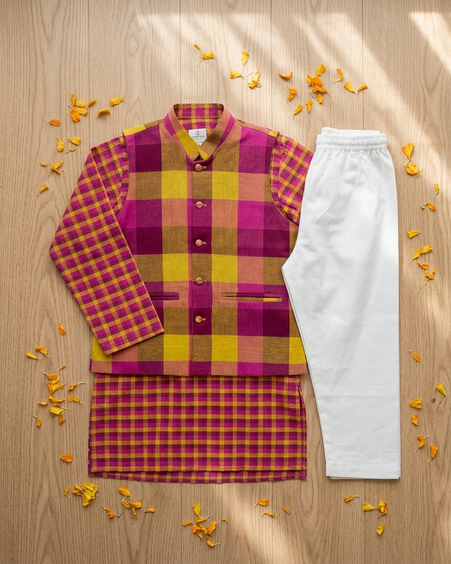 Yellow & Pink Check Khadi Jacket Kurta Set