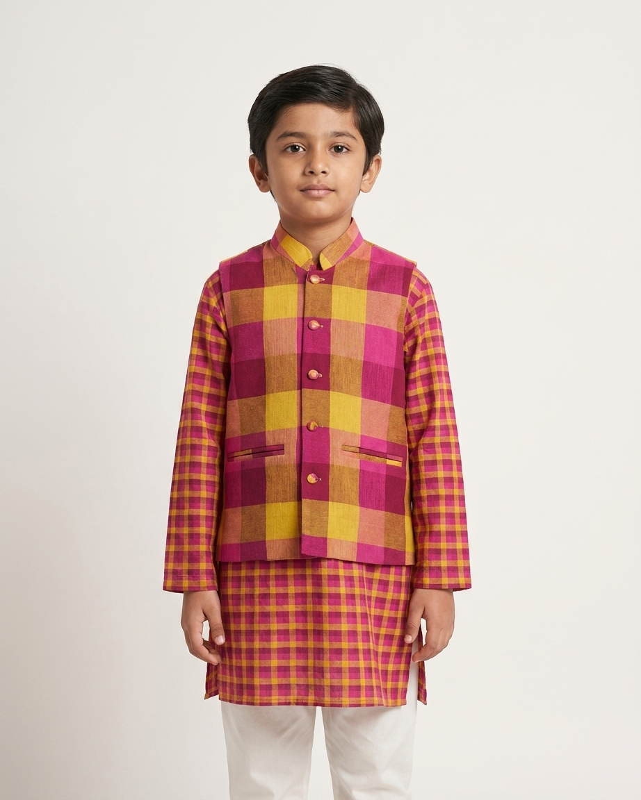 Yellow & Pink Check Khadi Jacket Kurta Set