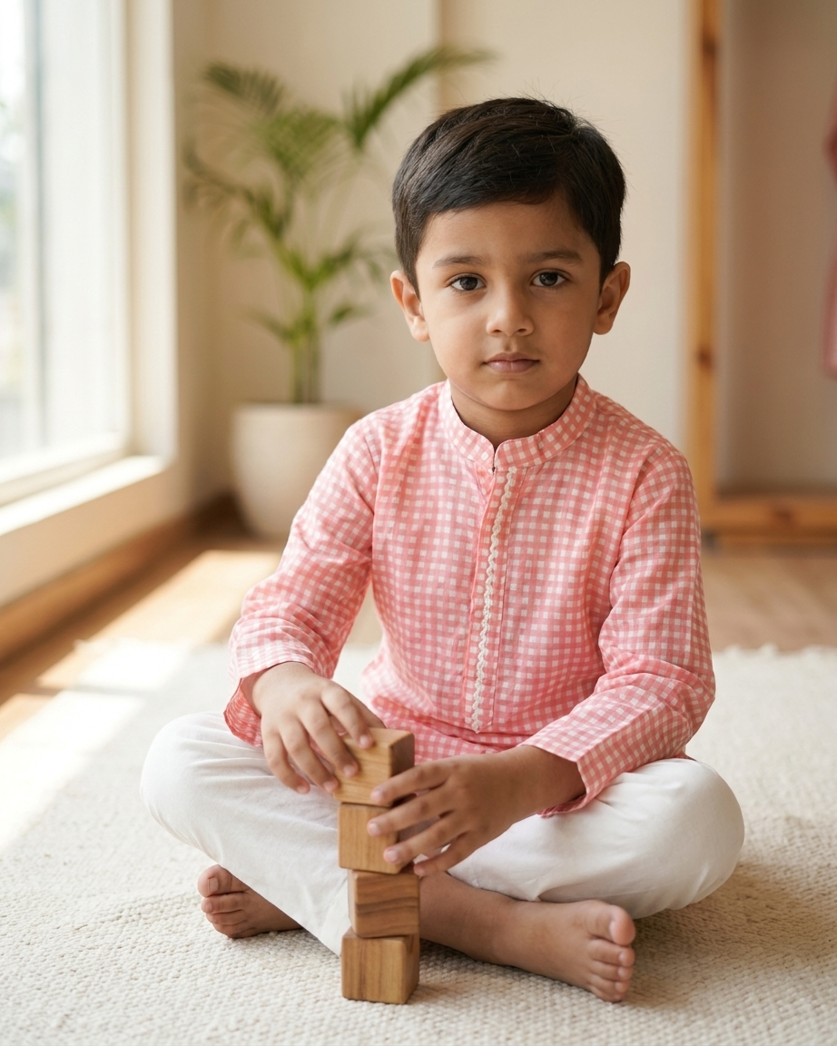 Peach Check Cotton Kurta Set
