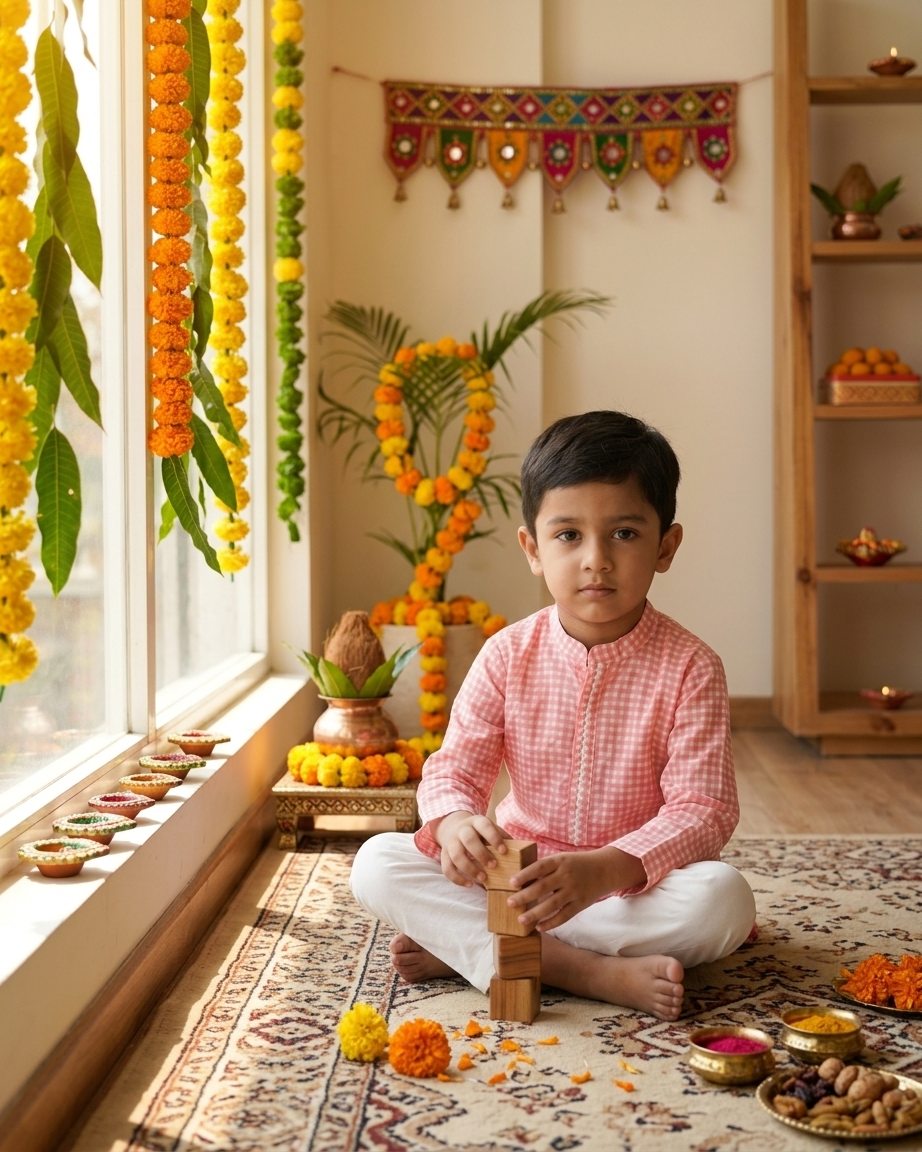 Peach Check Cotton Kurta Set