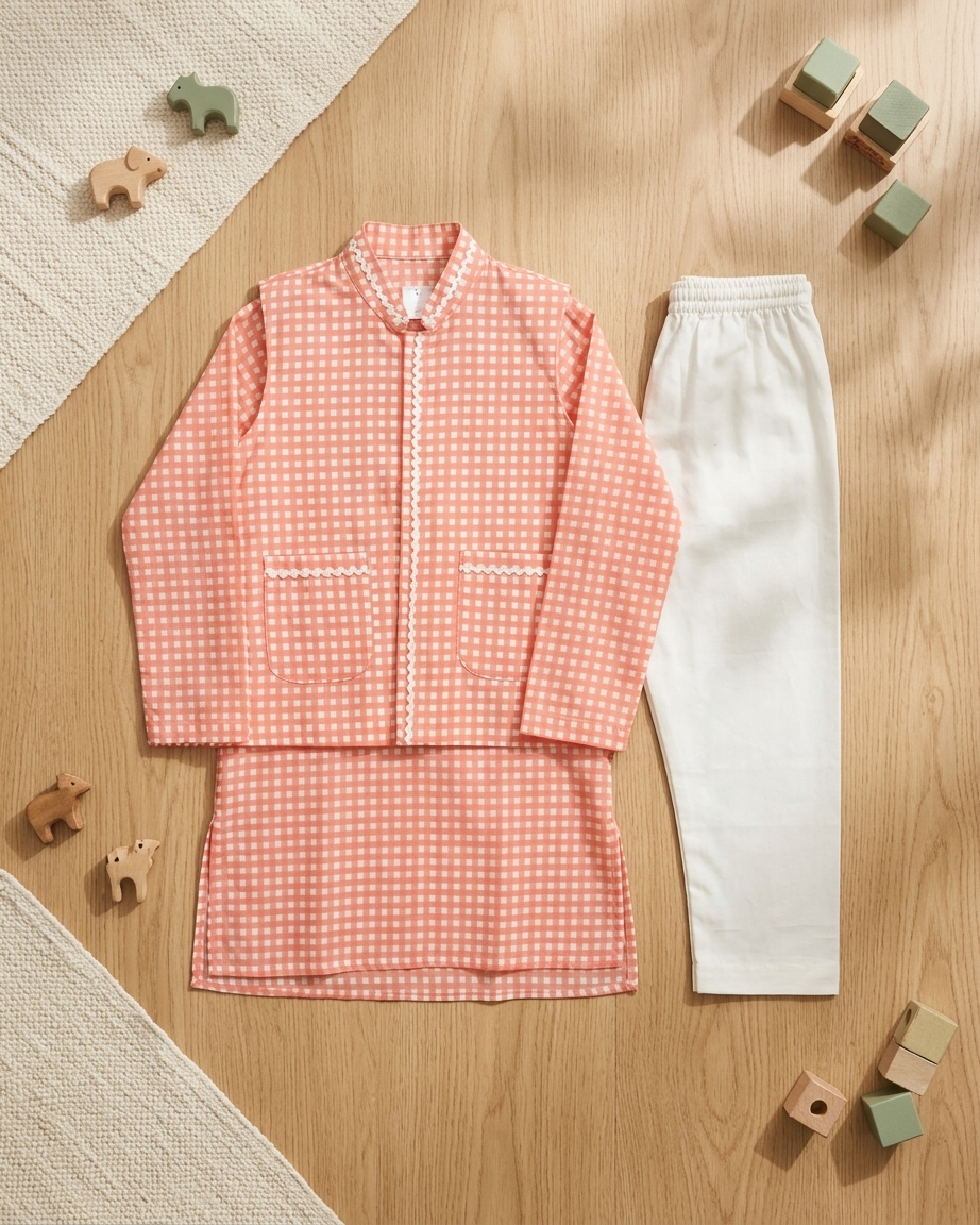 Peach Check Festive Jacket Kurta Set