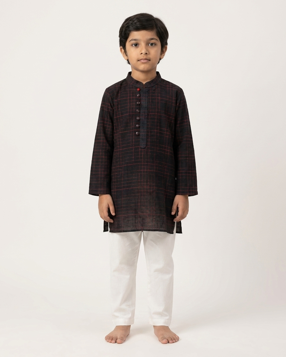Black Red Check Khadi Kurta Set