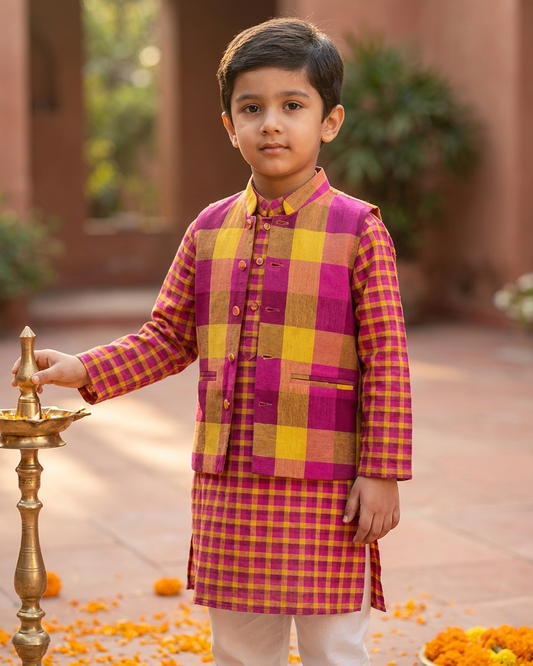 Yellow & Pink Check Khadi Jacket Kurta Set