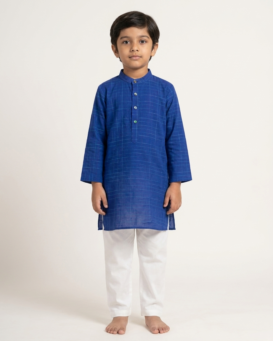 Royal Blue Check Khadi Kurta Set