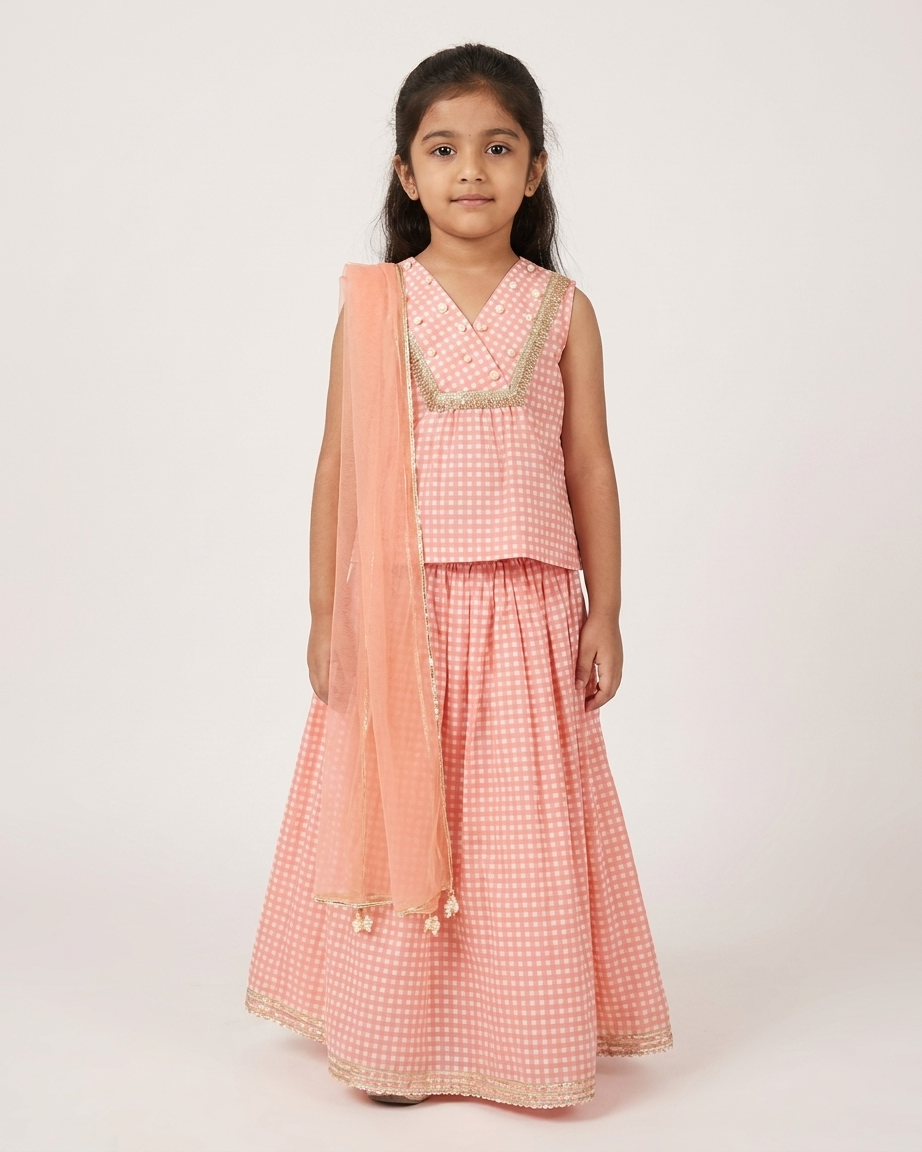Peach Check Cotton Lehenga Set with Pearl Details