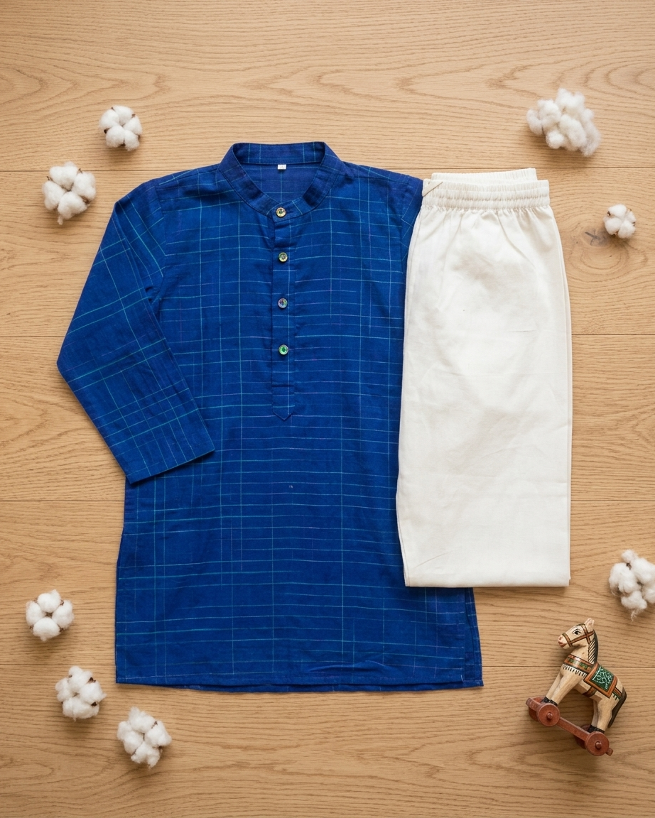 Royal Blue Check Khadi Kurta Set