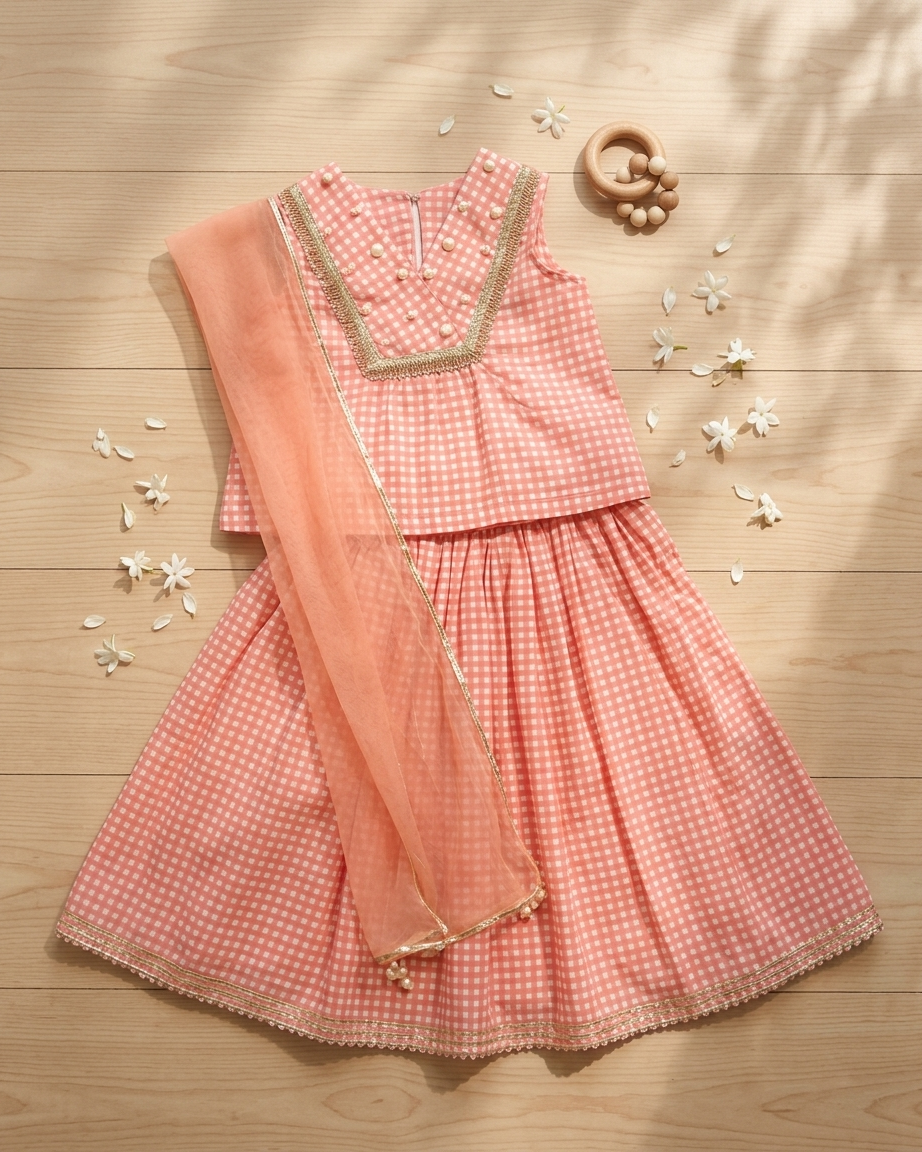 Peach Check Cotton Lehenga Set with Pearl Details