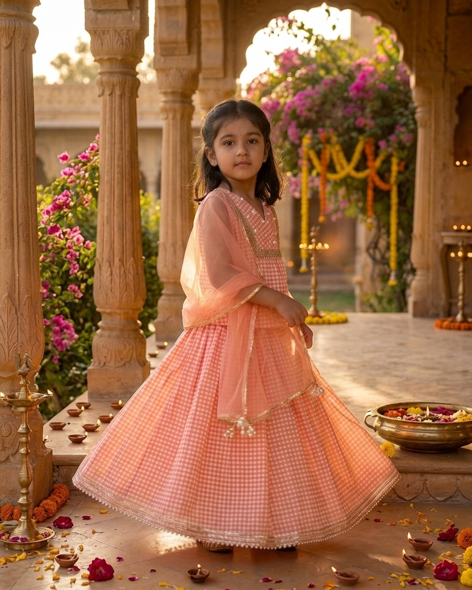 Peach Check Cotton Lehenga Set with Pearl Details