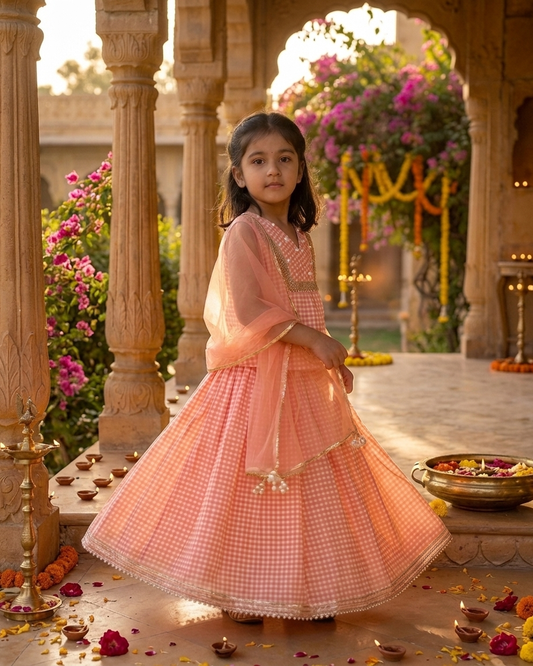 Peach Check Cotton Lehenga Set with Pearl Details
