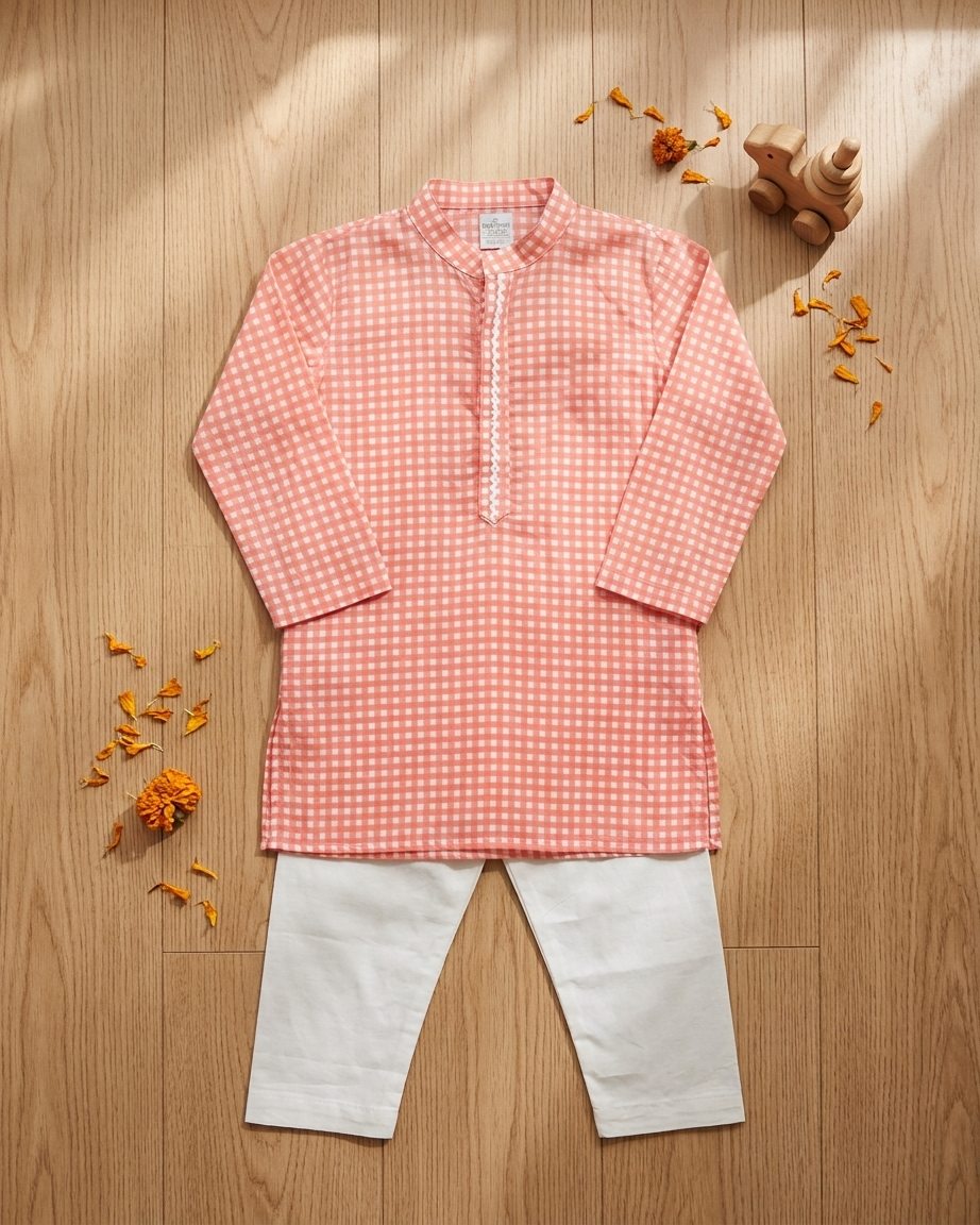Peach Check Cotton Kurta Set