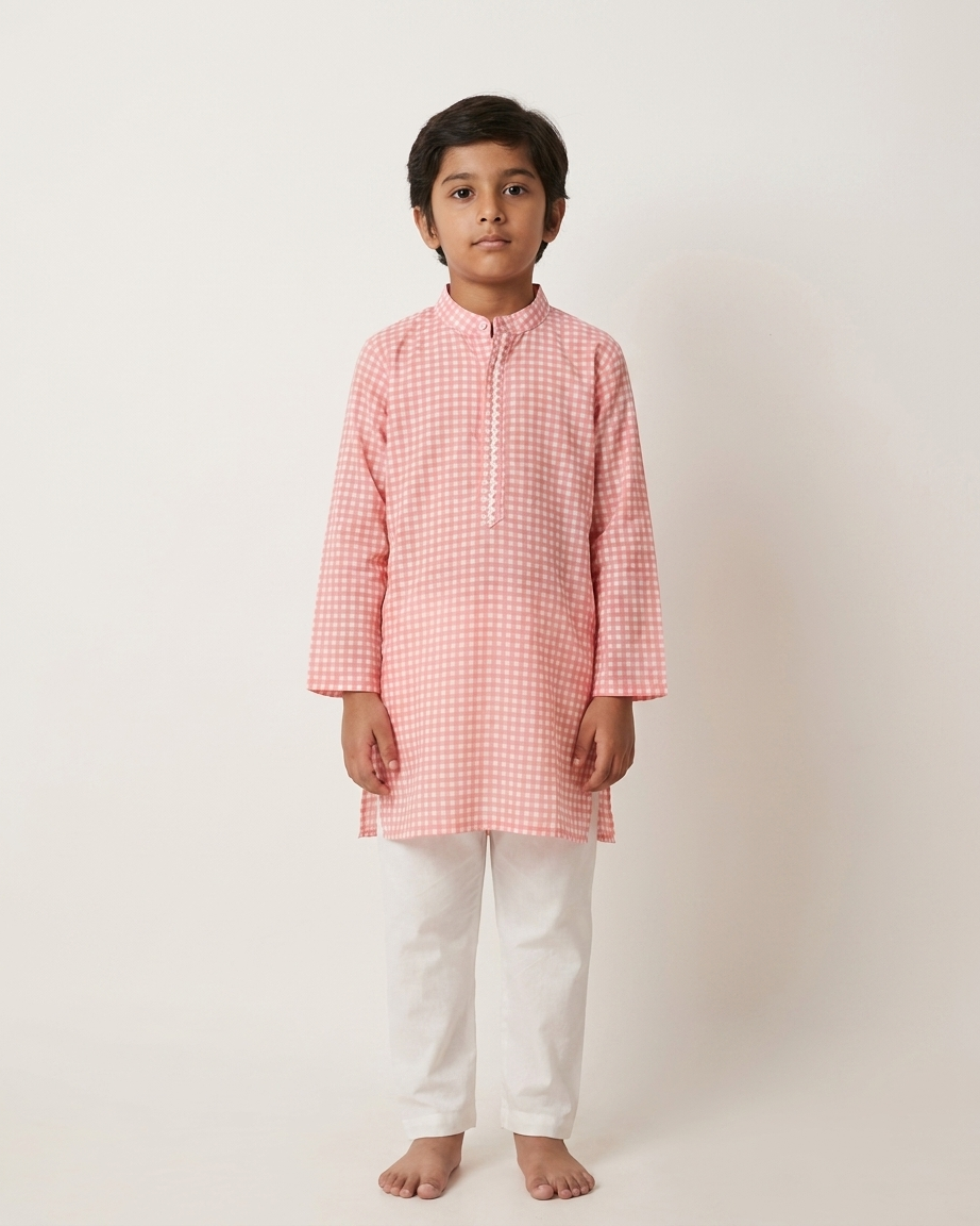 Peach Check Cotton Kurta Set