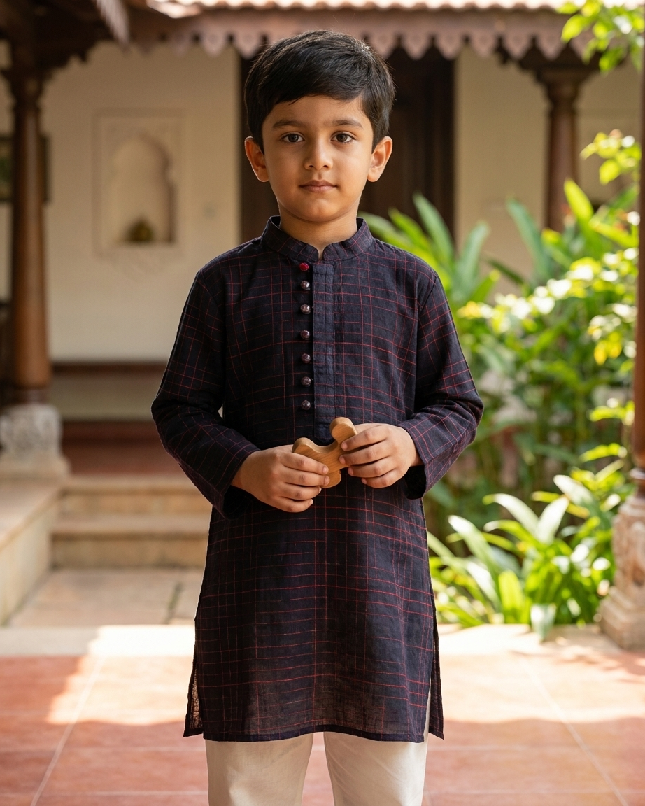 Black Red Check Khadi Kurta Set