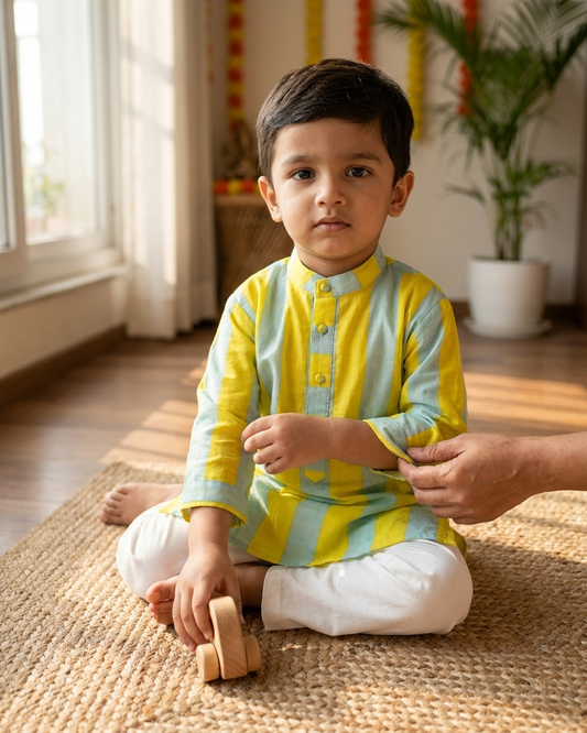 Yellow Blue Stripe Cotton Kurta Set