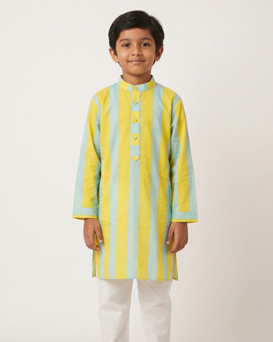 Yellow Blue Stripe Cotton Kurta Set