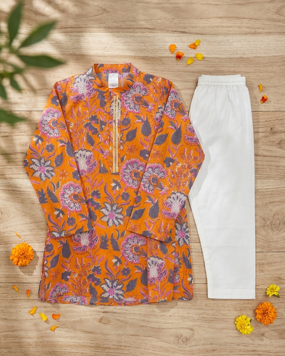 Orange Floral Cotton Kurta Set