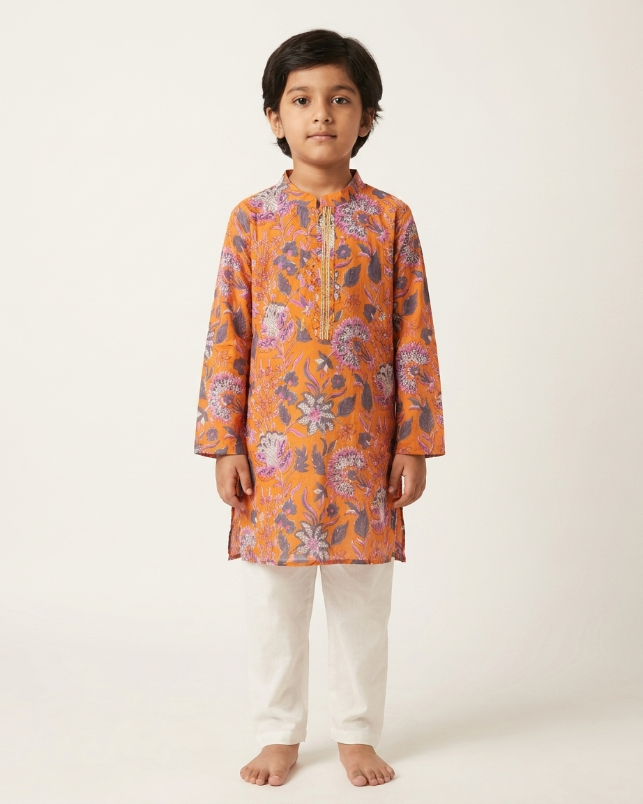 Orange Floral Cotton Kurta Set