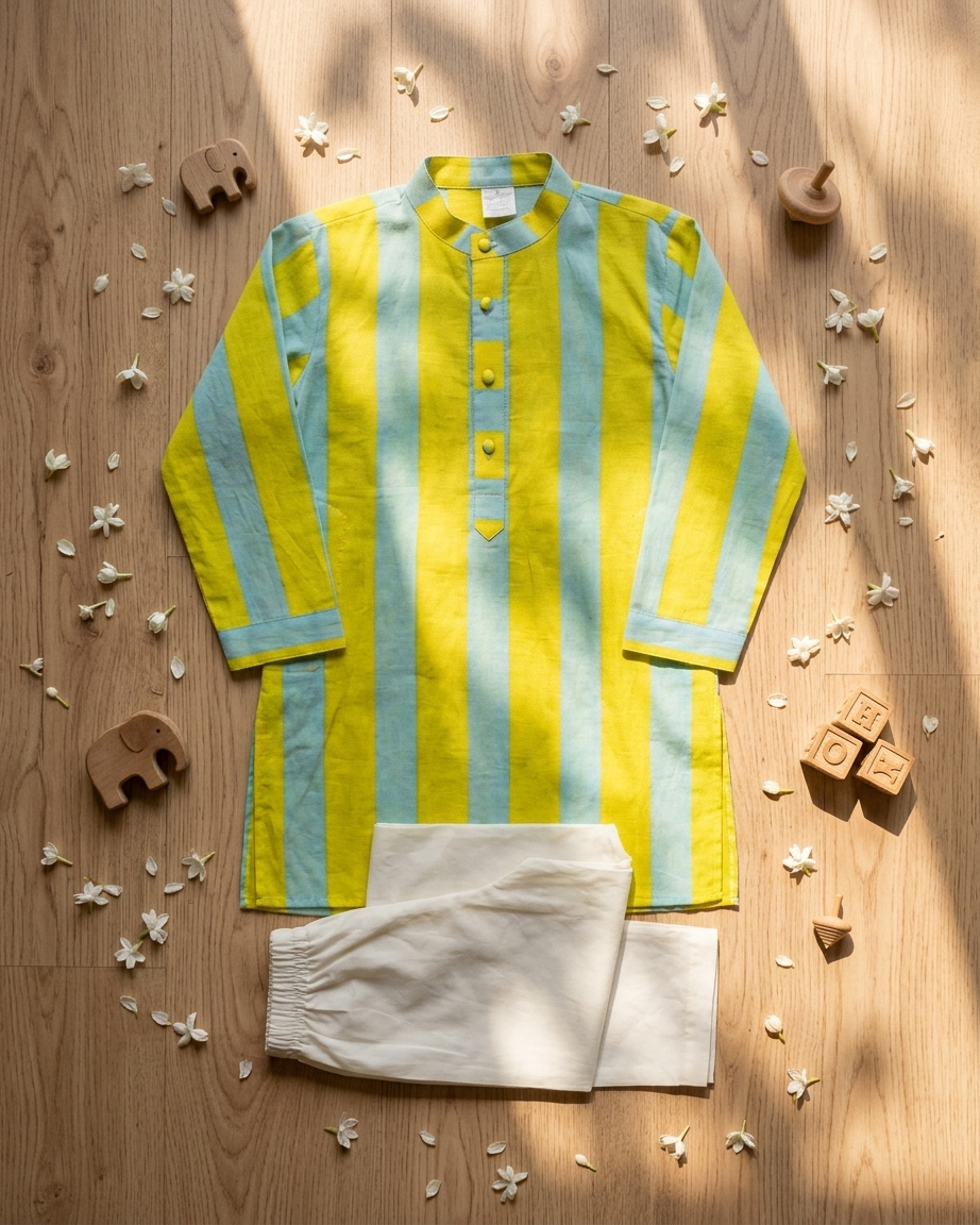 Yellow Blue Stripe Cotton Kurta Set