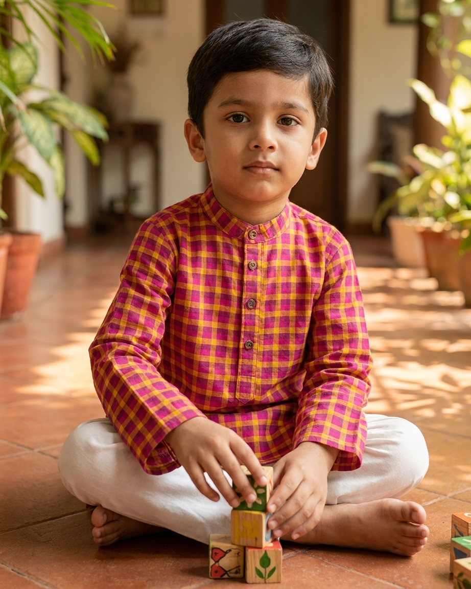 Pink Mustard Check Khadi Kurta Set