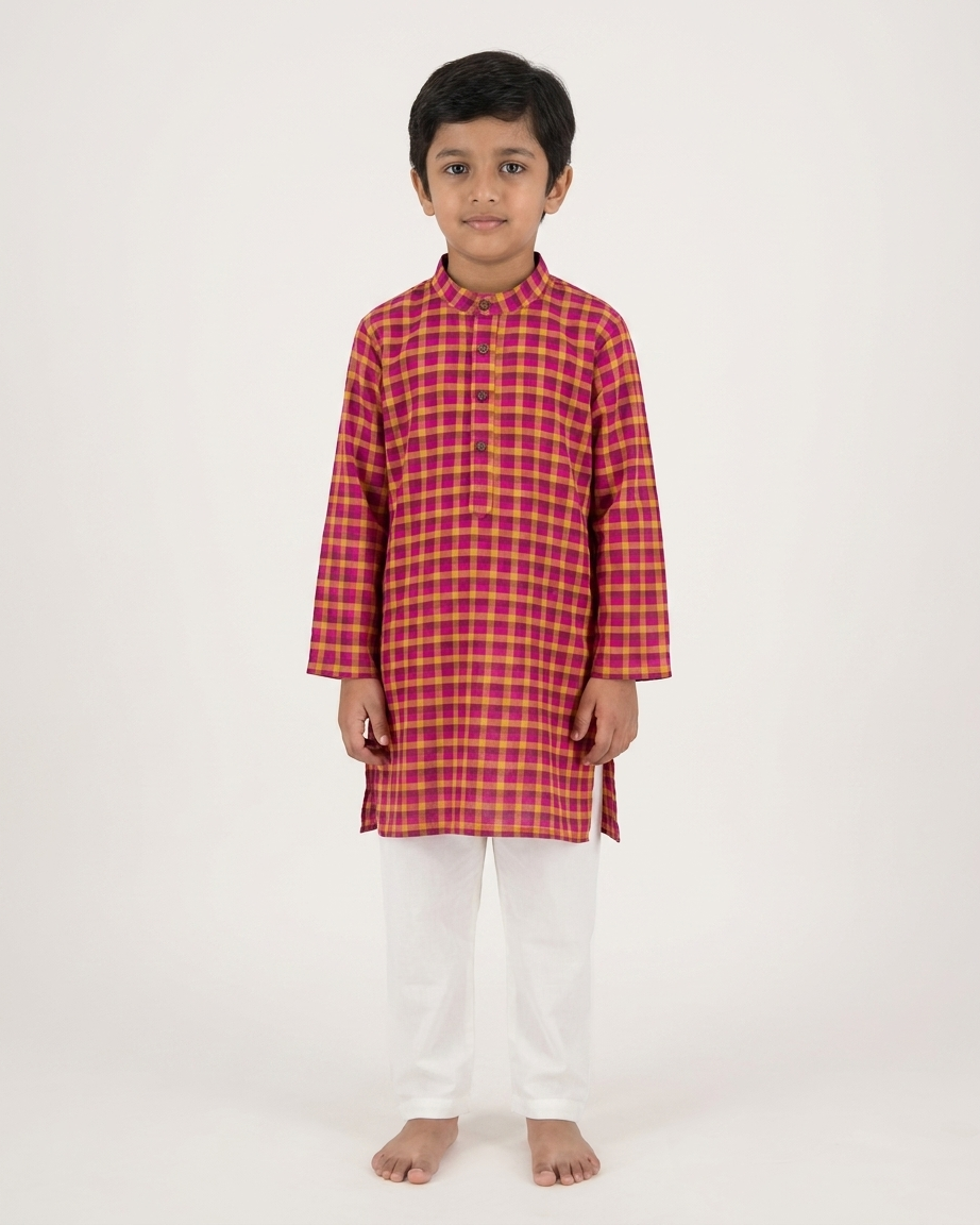 Pink Mustard Check Khadi Kurta Set