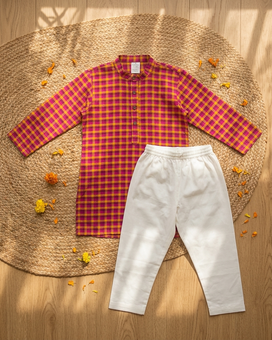 Pink Mustard Check Khadi Kurta Set