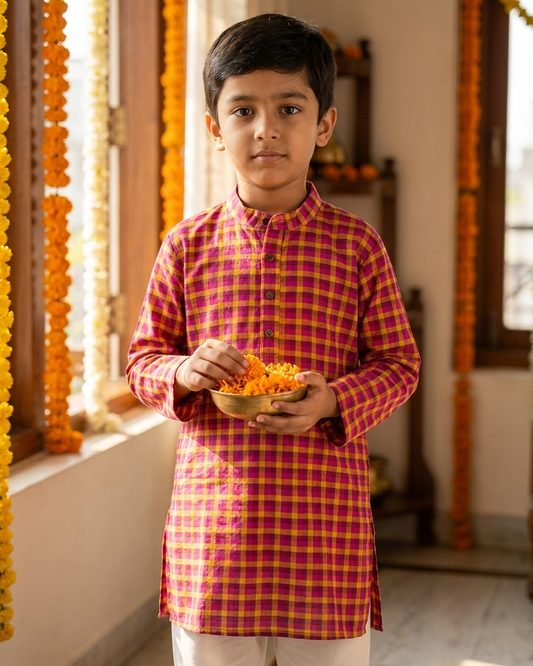 Pink Mustard Check Khadi Kurta Set