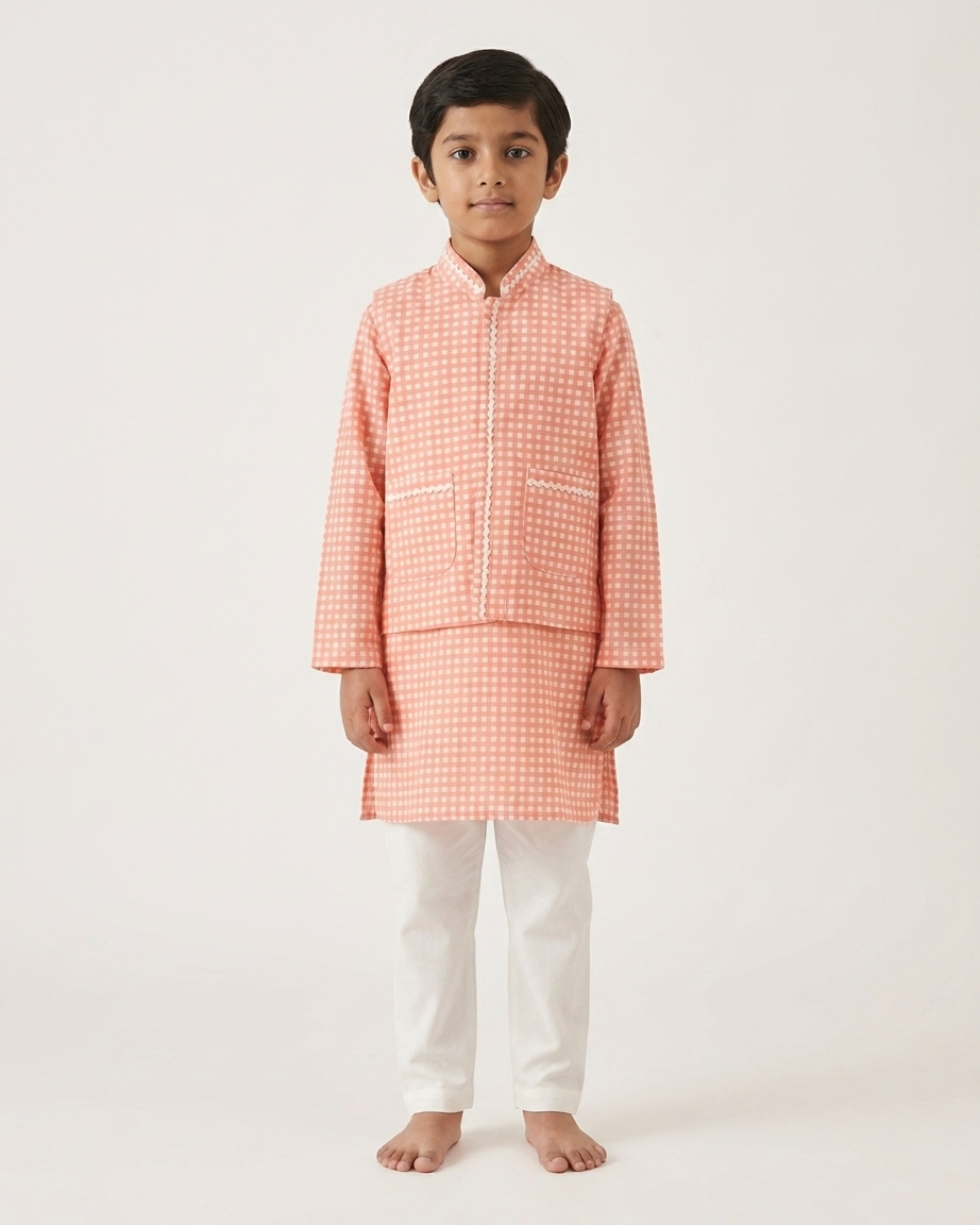 Peach Check Festive Jacket Kurta Set