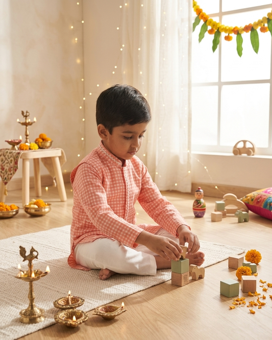 Peach Check Festive Jacket Kurta Set