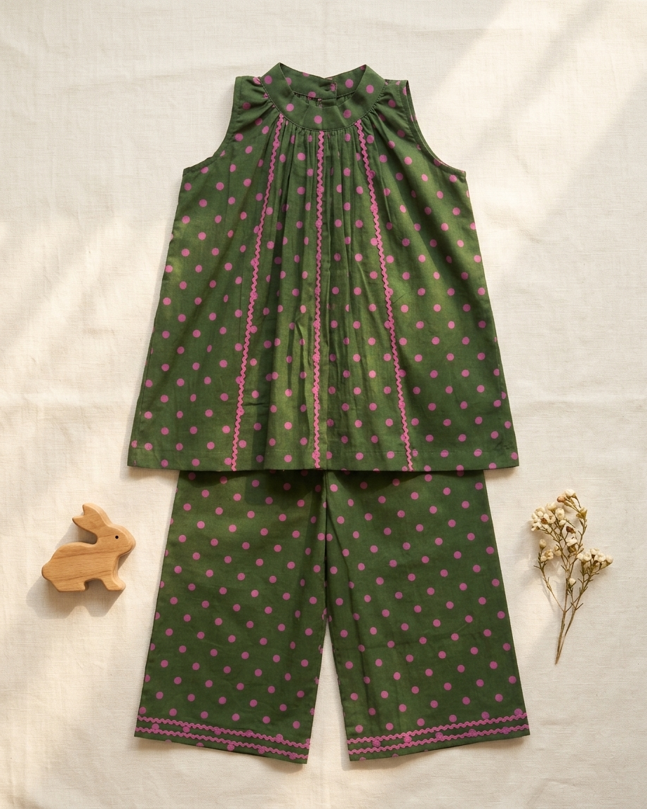 Green Pink Polka Dot Cotton Tunic Palazzo Set