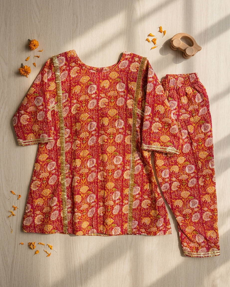 Red Floral Cotton Choga Salwar Set with Kantha Details