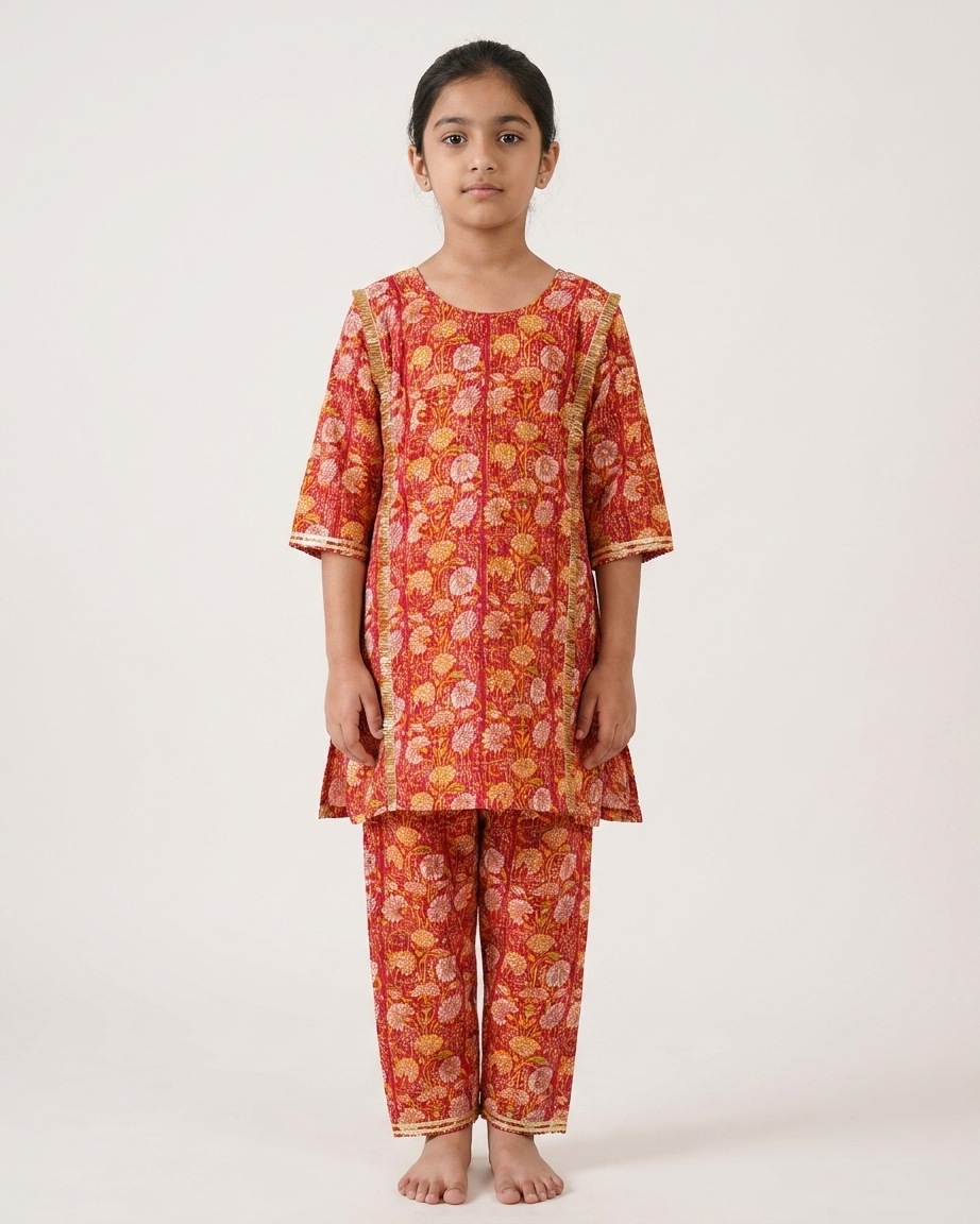 Red Floral Cotton Choga Salwar Set with Kantha Details